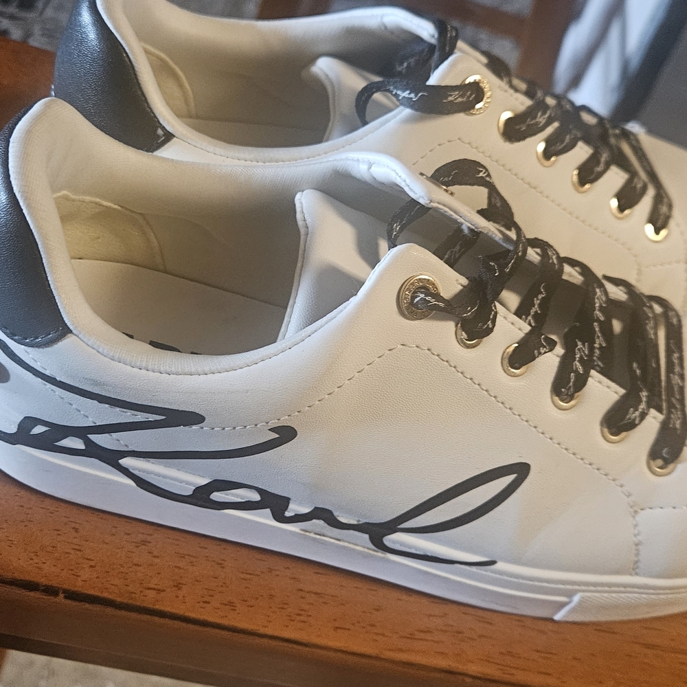 Karl Lagerfeld Candace White Sneakers with Black Script Accents